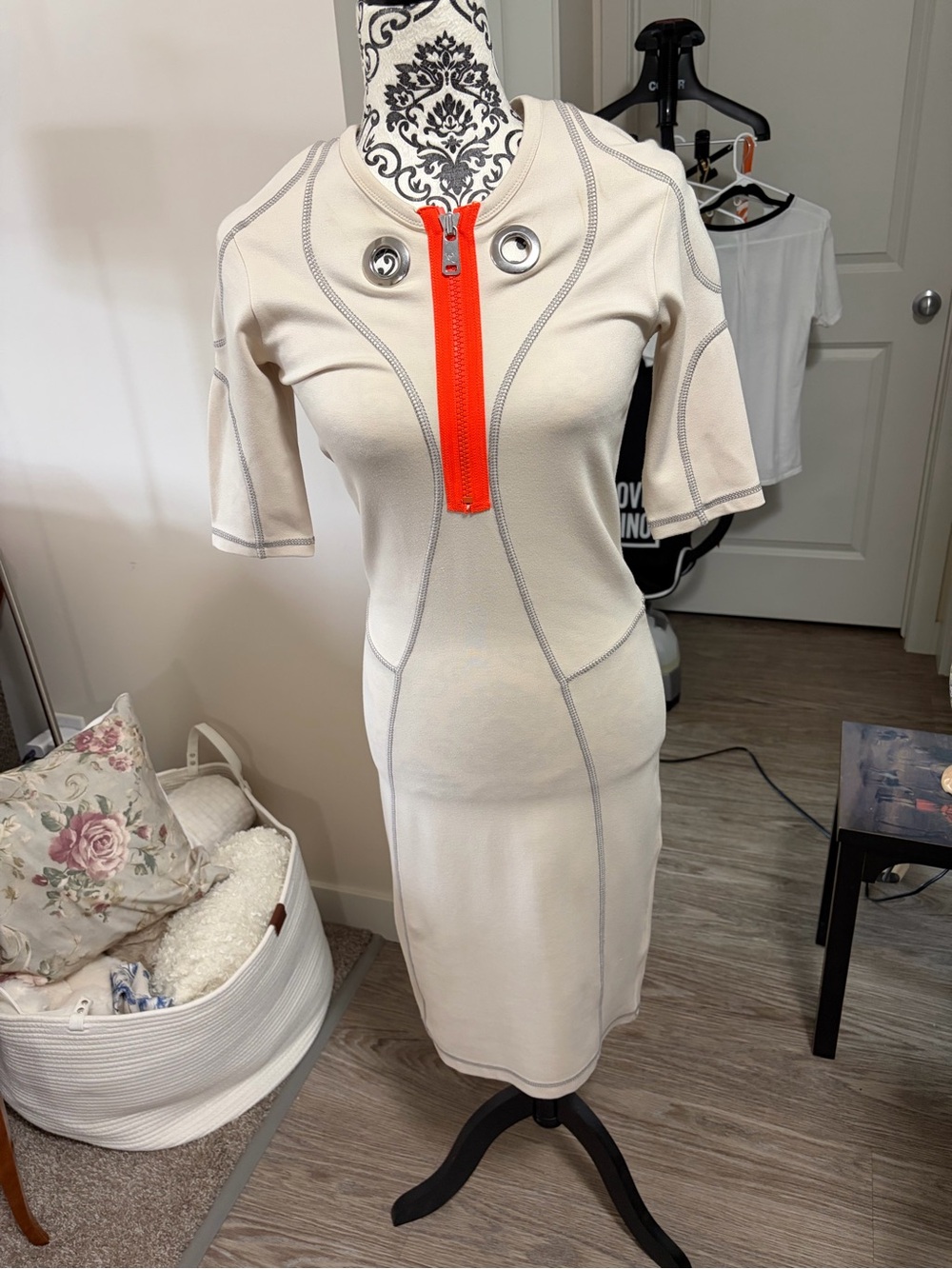 MCQ by Alexander McQueen - “AUTHENTIC” Cream Midi Dress with Orange Zip Detail